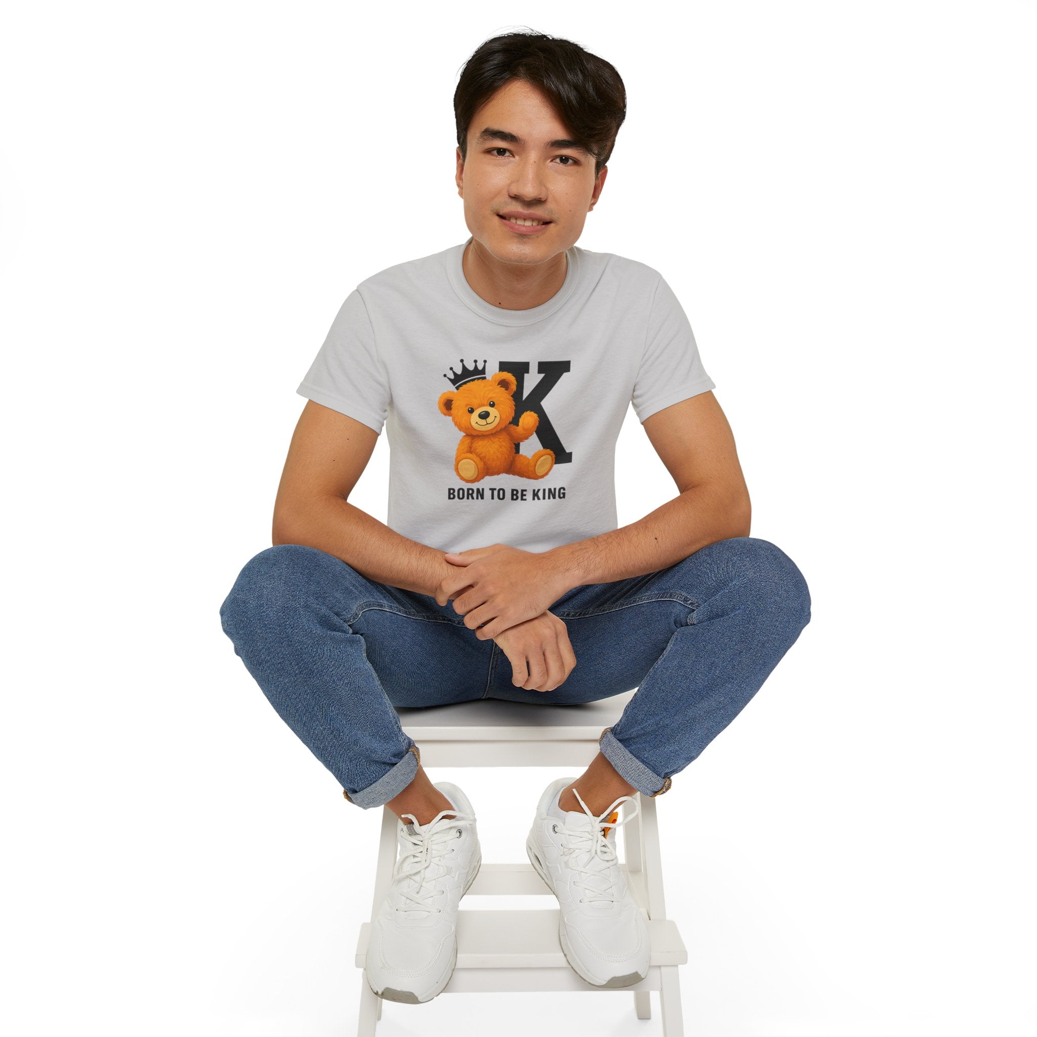 Born To Be King Tee, Bear Print T-Shirt, Bold Letter Animal Print Tee, Cute Bear T-Shirt, Bear With Crown Print Tee