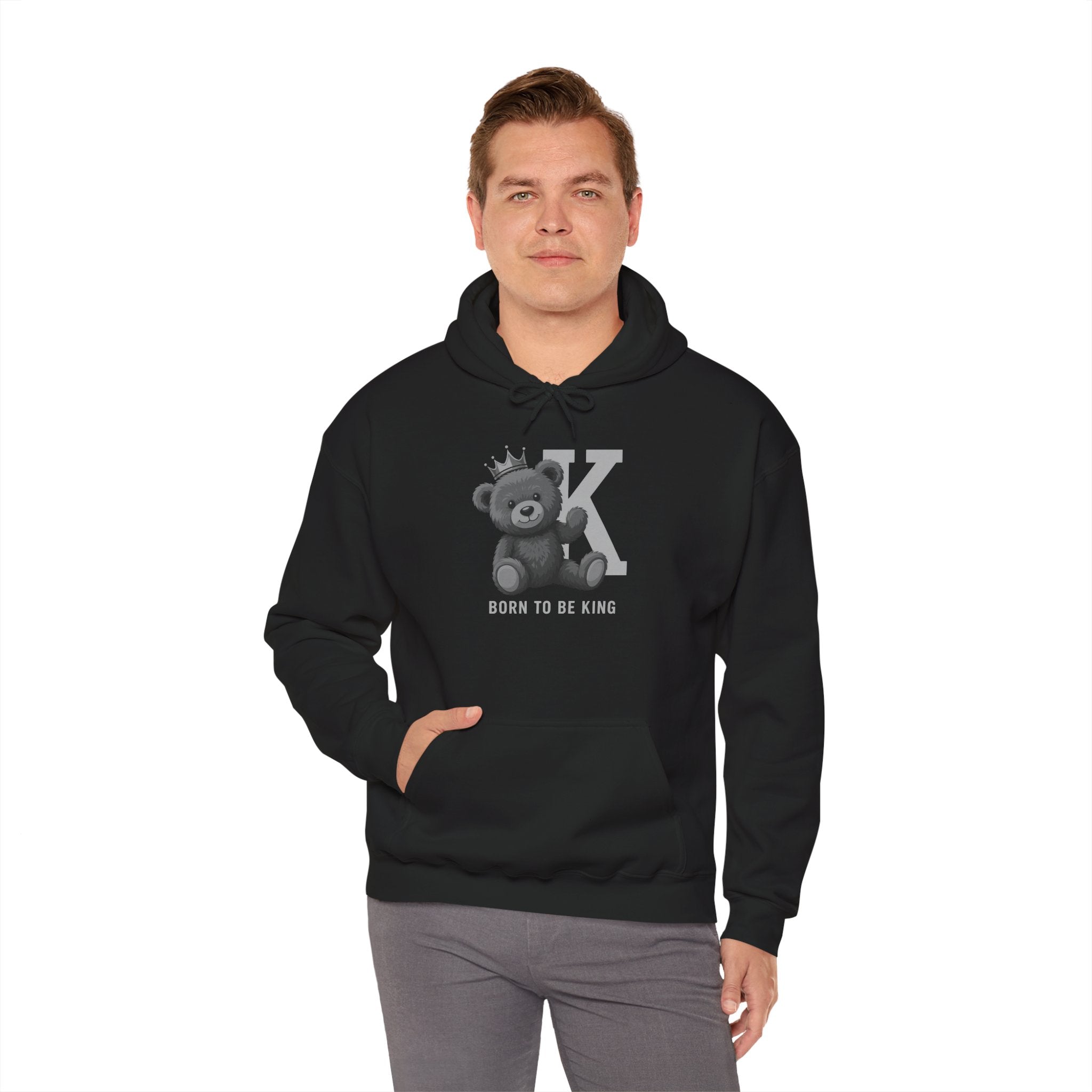 Born To Be King Hoodie, Bear Print Pullover, Bold Letter Animal Print Hoodie, Cute Bear Hoodie, Bear With Crown Print Pullover