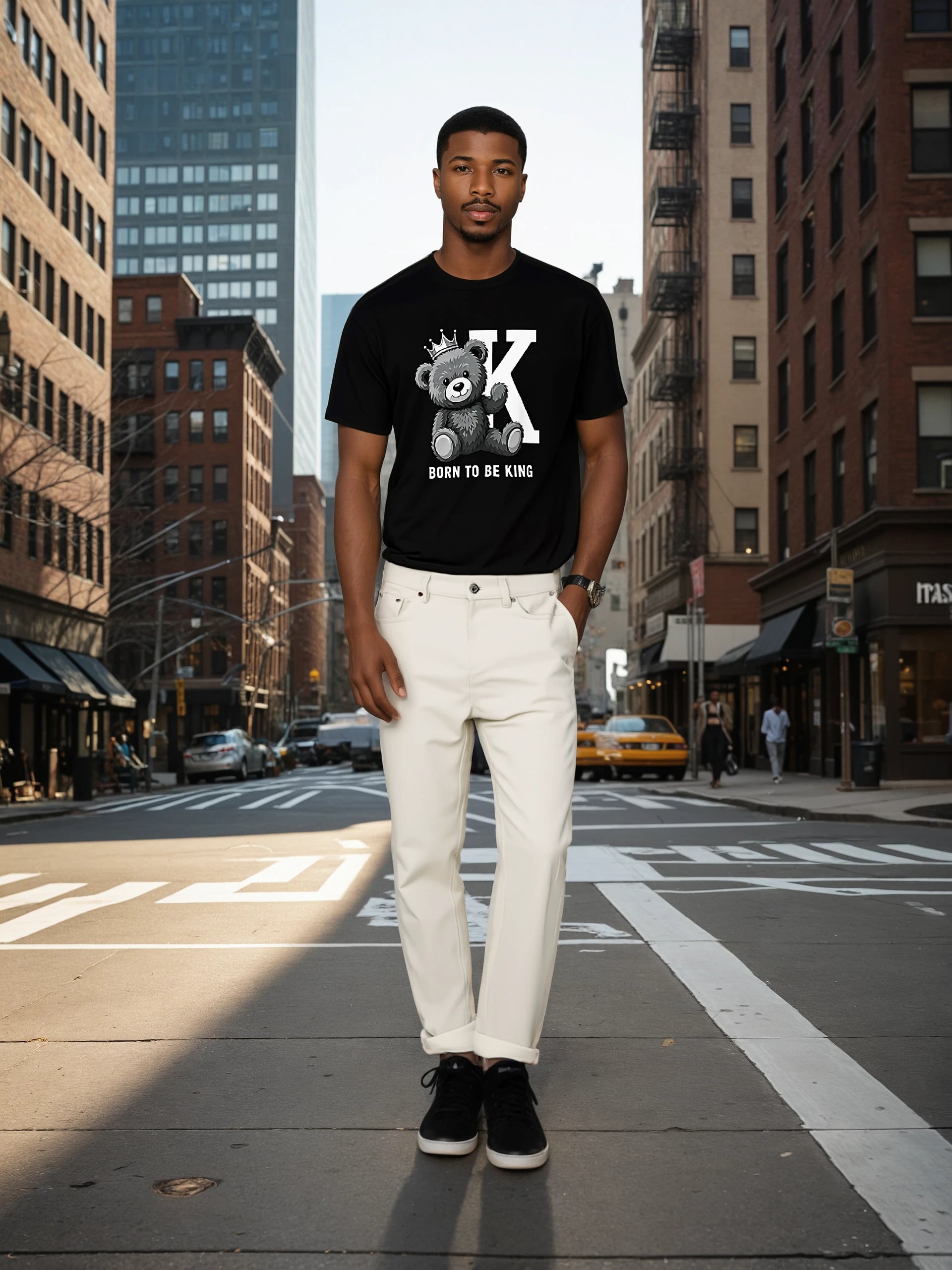 Born To Be King Tee, Bear Print T-Shirt, Bold Letter Animal Print Tee, Cute Bear T-Shirt, Bear With Crown Print Tee