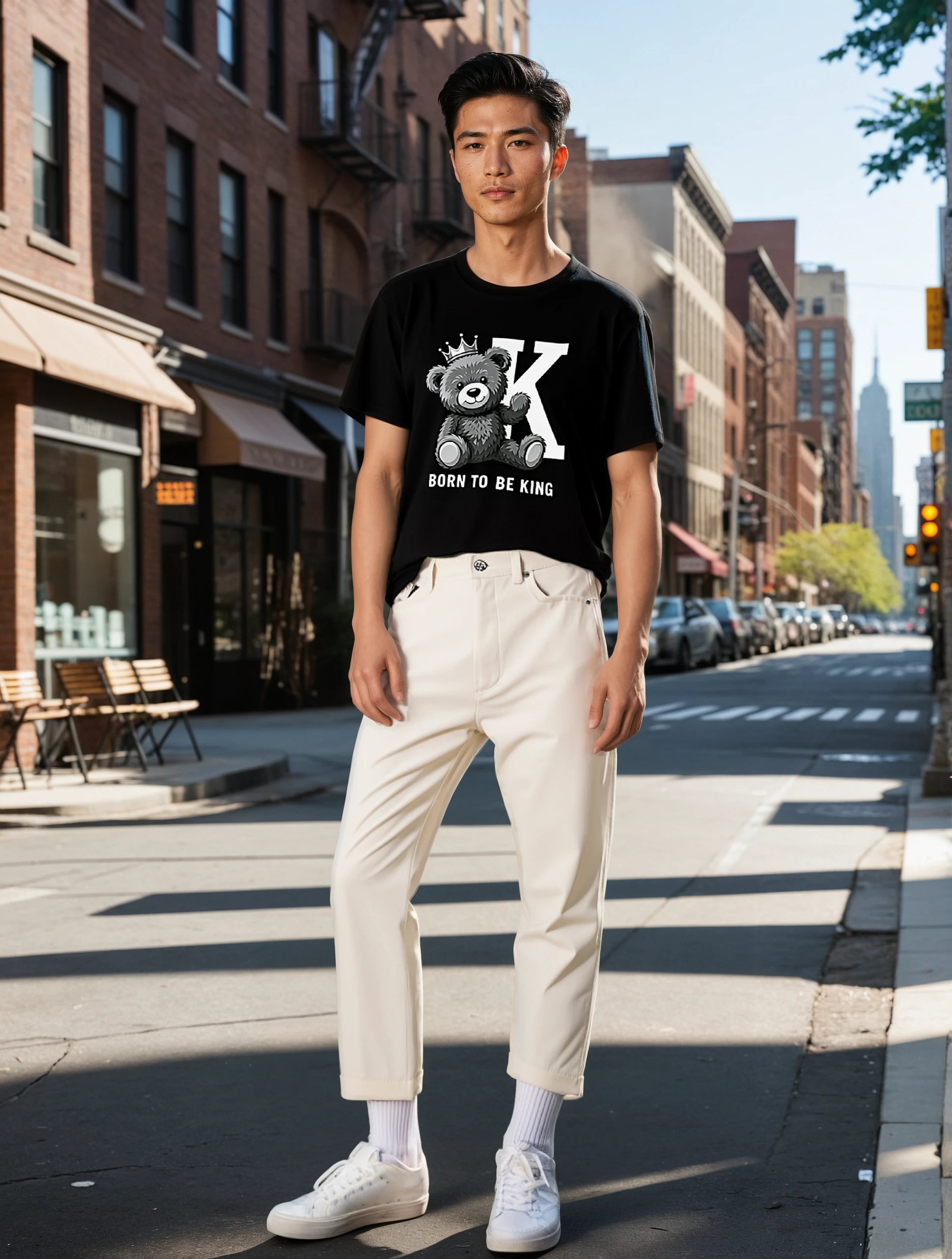 Born To Be King Tee, Bear Print T-Shirt, Bold Letter Animal Print Tee, Cute Bear T-Shirt, Bear With Crown Print Tee